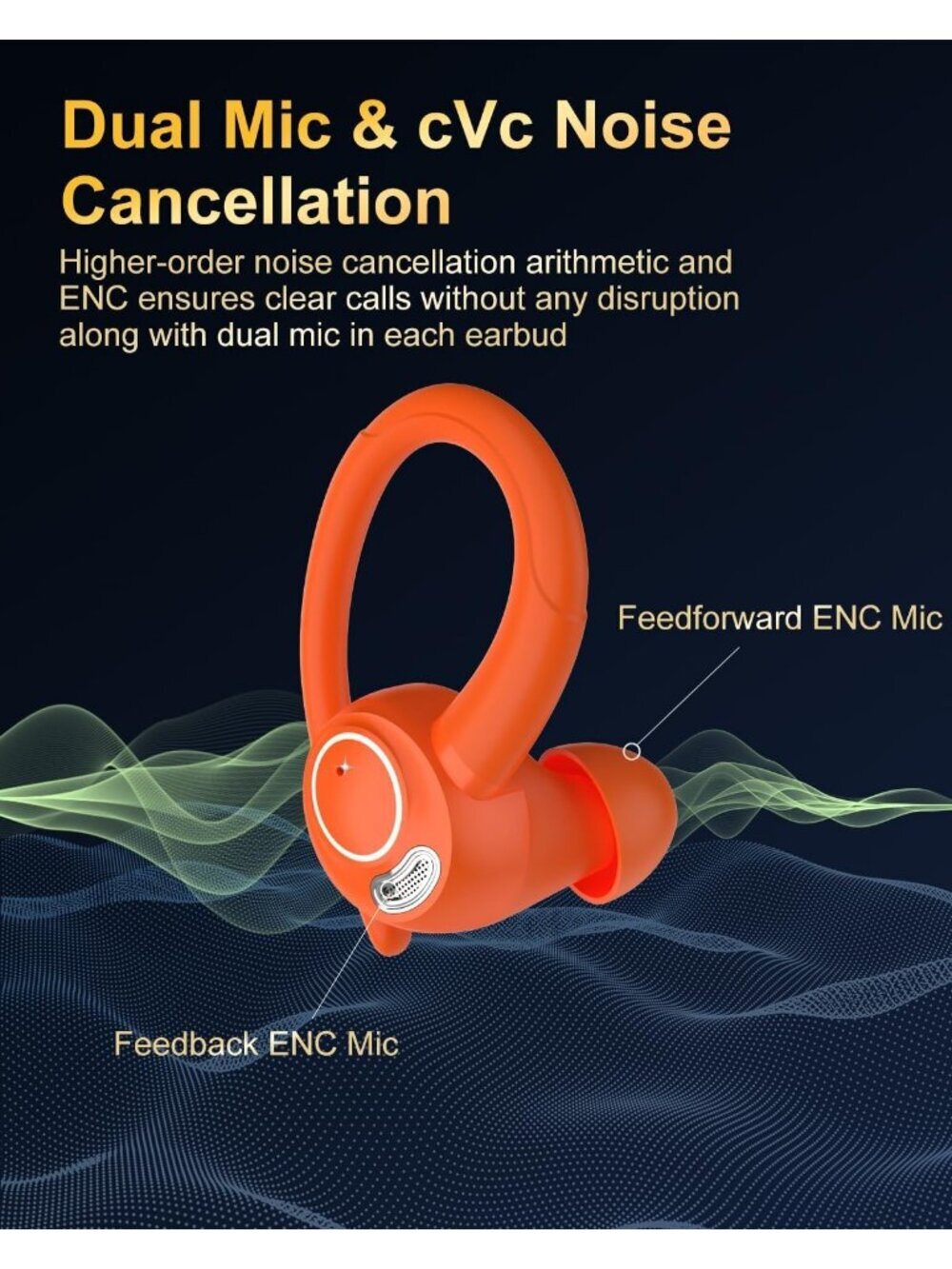 Wireless Orange ENC Noise Cancelling 48H Earhooks Deep Bass Bluetooth 5.4 Earbud - Picture 4 of 6